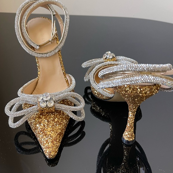 Mach & Mach Double Bow Pointed Toe Pump Gold New Authentic.  No dust bag - Picture 11 of 16